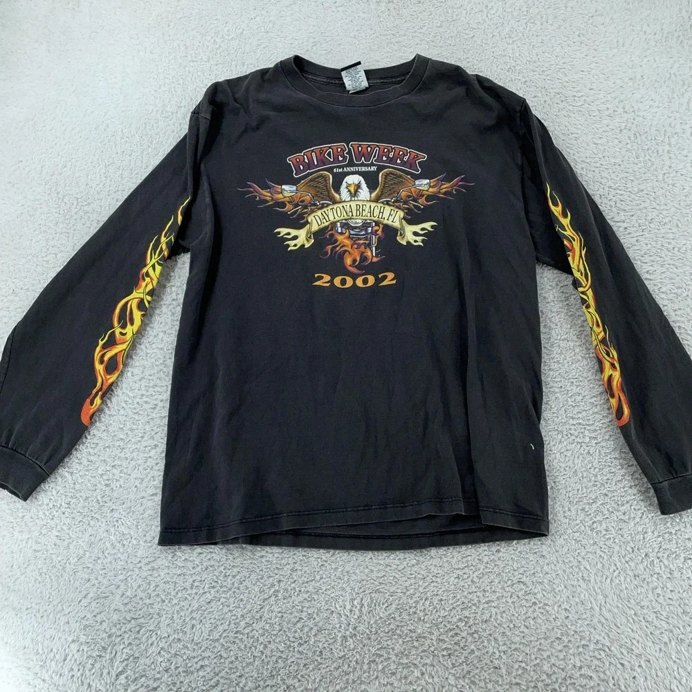 Vtg 2002 Daytona Beach Bike Week Flames Long Sleeve‎ T-Shirt Medium Levi's Biker